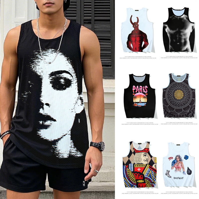 American Ice Silk Mesh Printed Quick-Drying Vest for Men and Women Sleeveless T-Shirt Fitness Sports Marathon Printed Basketball Jersey