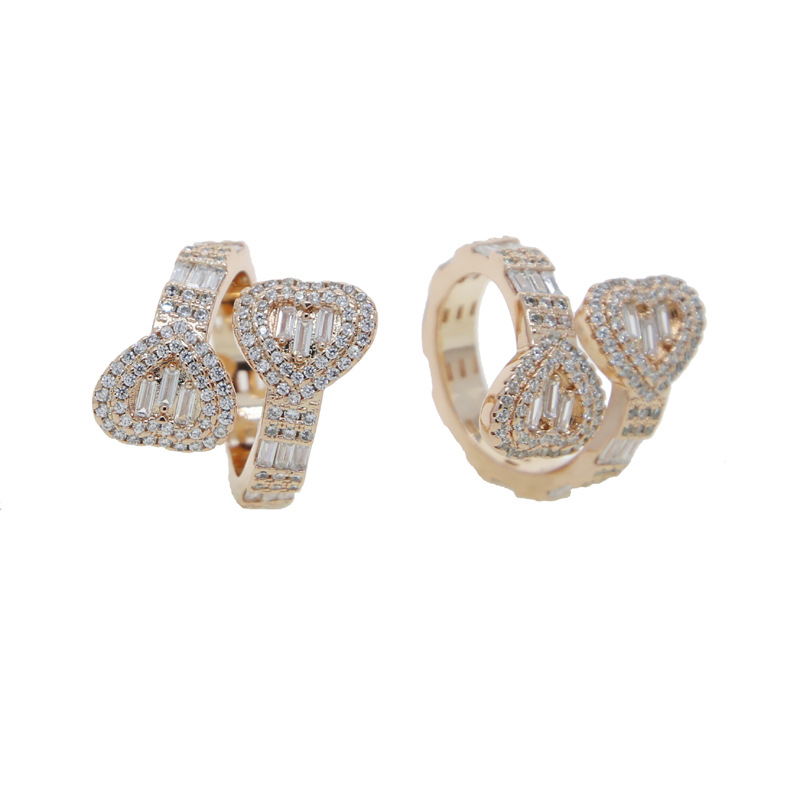 Daily, Street Occasion Copper Material Heart Shape Pattern Unisex Gender Inlay Design Hip-hop Heart Shape Copper Inlay Zircon Rings