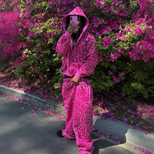 现货潮牌新款冬季欧美豹纹连帽开衫上衣宽松休闲嘻哈阔腿裤套装