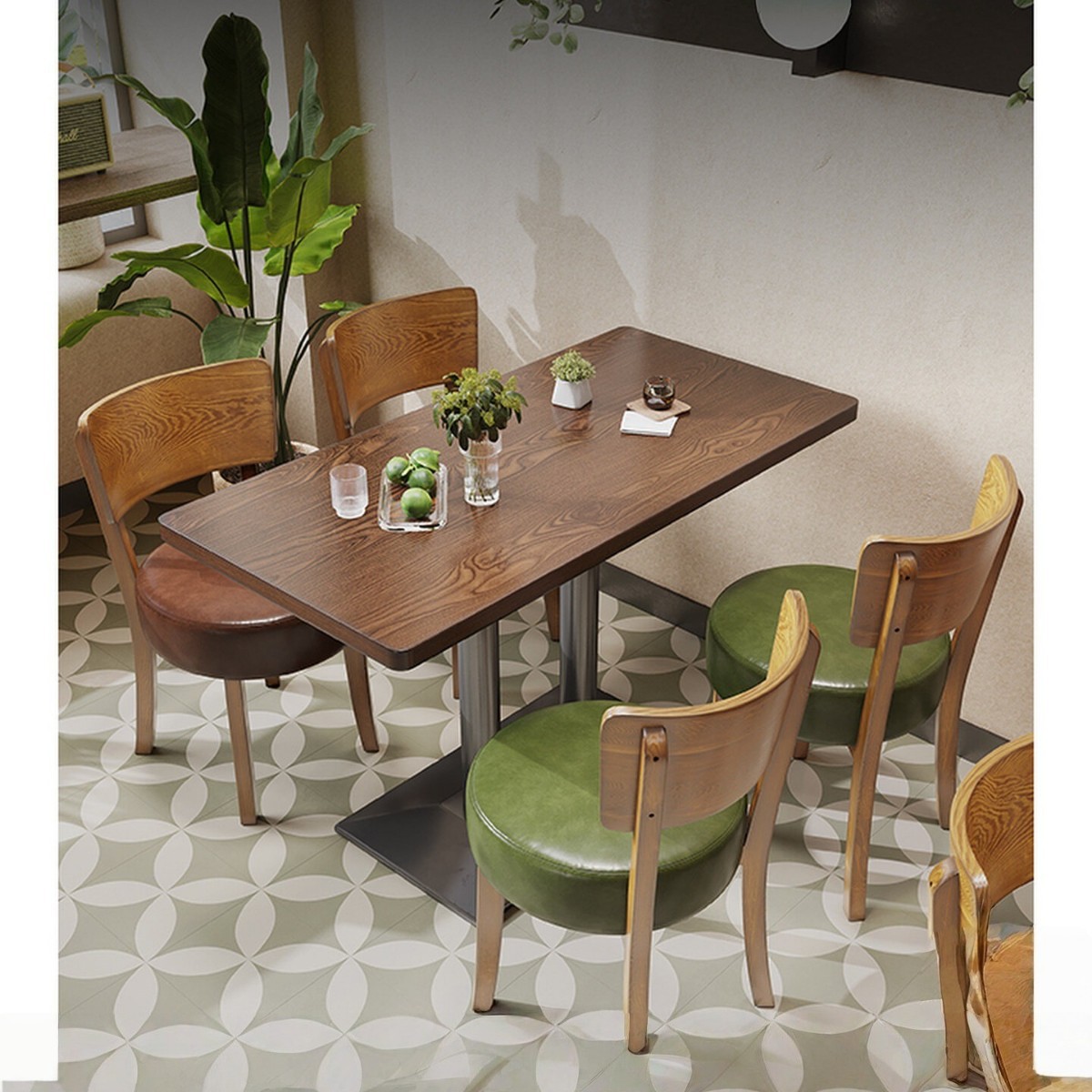 Retro-style table and chair set for hamburger and fried chicken restaurants, snack shops, spicy hot pot, milk tea, coffee shops, ice cream parlors, long dining tables for commercial use