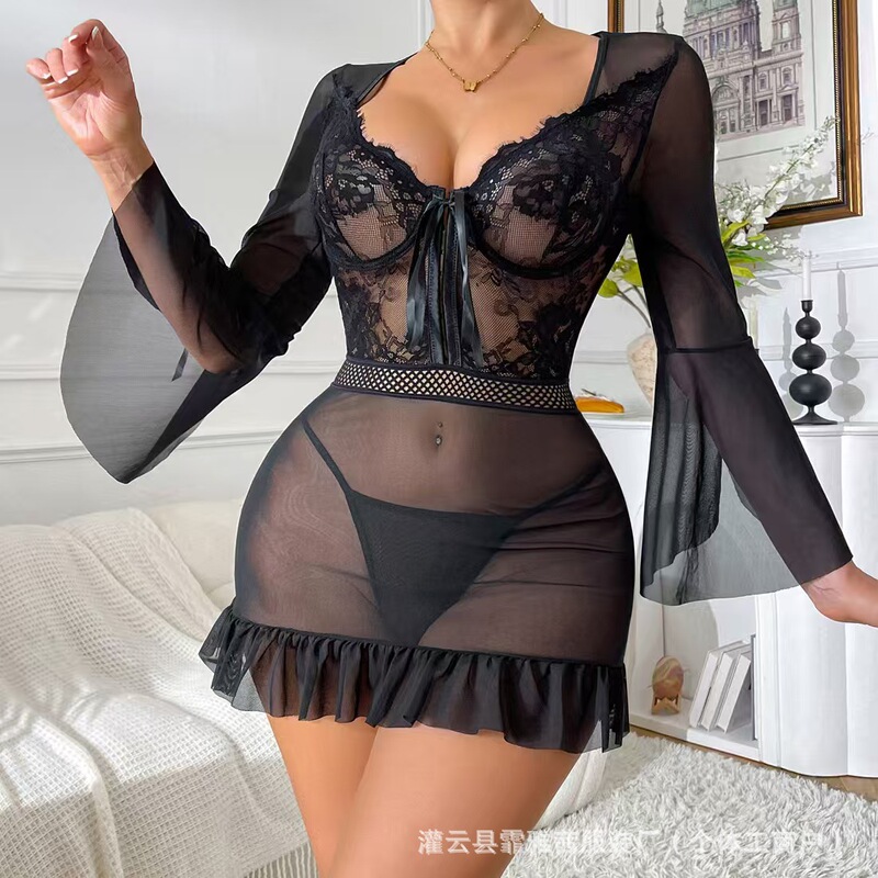 Cross-Border Plus-Size Erotic Lingerie for Women, Pure Desire Lace Bodycon Dress, Uniform Temptation Set with Underwire, Lace Nightgown for Women