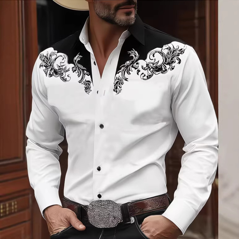 American Retro Style Western Cowboy Shirt for Men, Shoulder Contrast Print Long-Sleeved Shirt, Slim Fit Casual Men's Shirt American Retro Style Western Cowboy Shirt for Men, Shoulder Contrast Print Long-Sleeved Shirt, Slim Fit Casual Men's Shirt