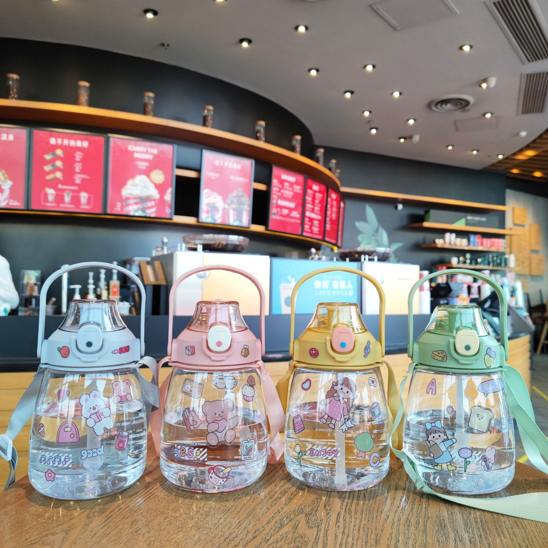 Internet celebridad grasa taza 1100ml gran capacidad estudiante Correa portátil botella de agua niños paja gran vientre taza libre 2D pegatinas