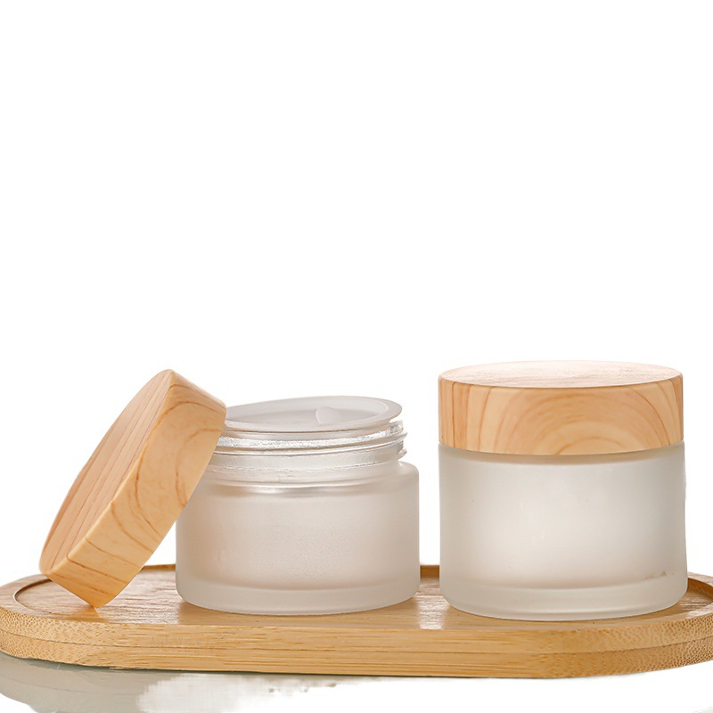 Botella de crema de vidrio con tapa de grano de madera, botella de crema facial esmerilada, botella de cosméticos portátil, botella de crema para ojos, muestra de botella, botella de empaque al por mayor