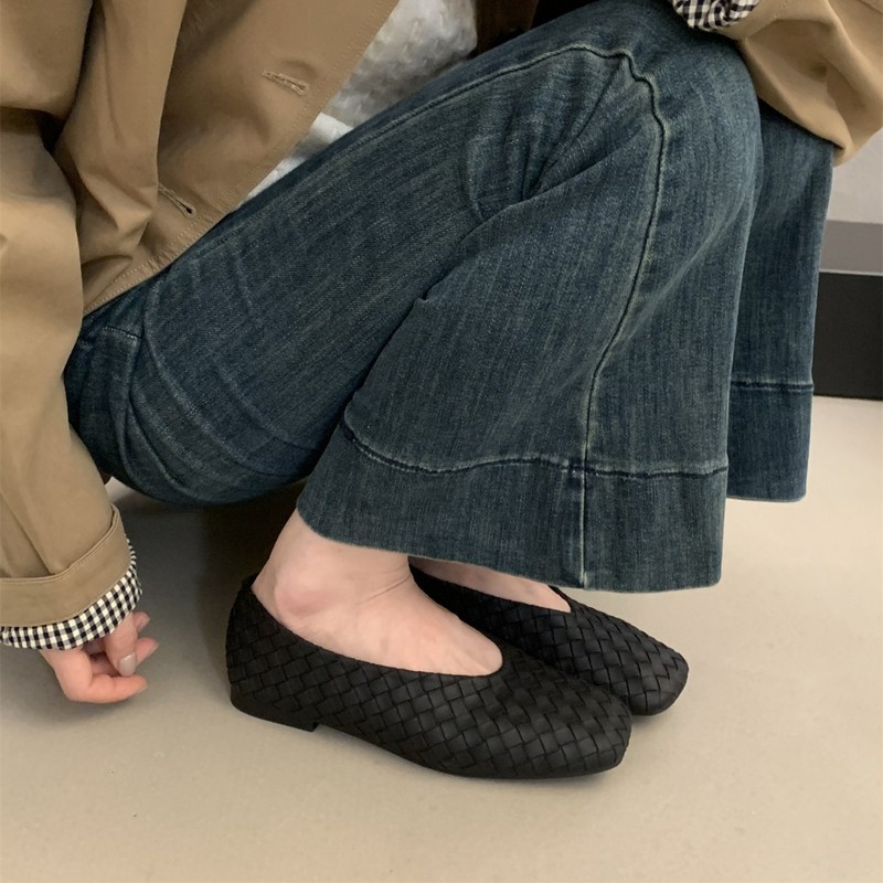 25新款法式复古风编织方头乐福鞋女浅口百搭舒适平底一脚蹬奶奶鞋|undefined