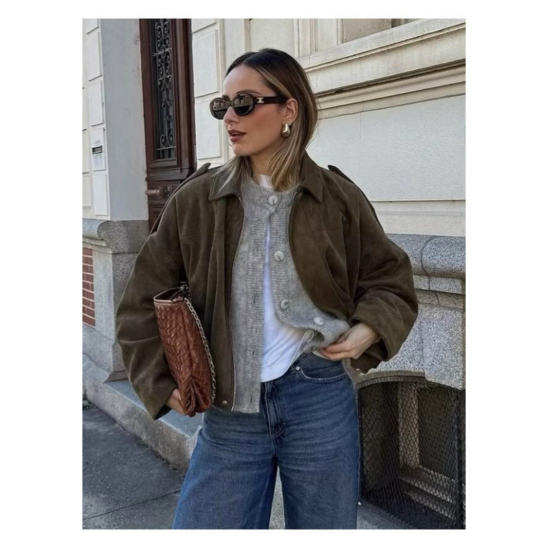 European and American Cross-Border Women's Clothing 2025 Early Spring New Fashion Suede Texture Effect Bomber Jacket Jacket Top