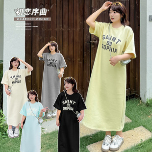 W1309 Xuanchen Slightly Fat Large Size Korean Style Work Clothing Casual Round Neck Long T-Shirt Summer Age-Reducing Letter Printed Short-Sleeved Women's Skirt