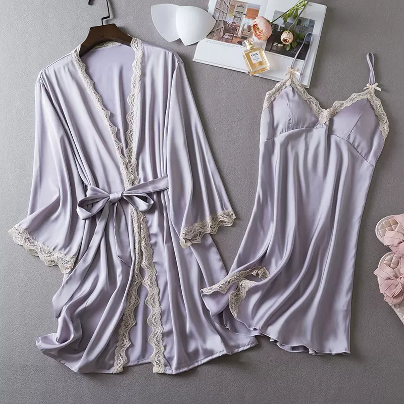 2024年春夏季新款性感睡衣女薄款冰丝纯欲风仿真丝睡袍睡裙两件套