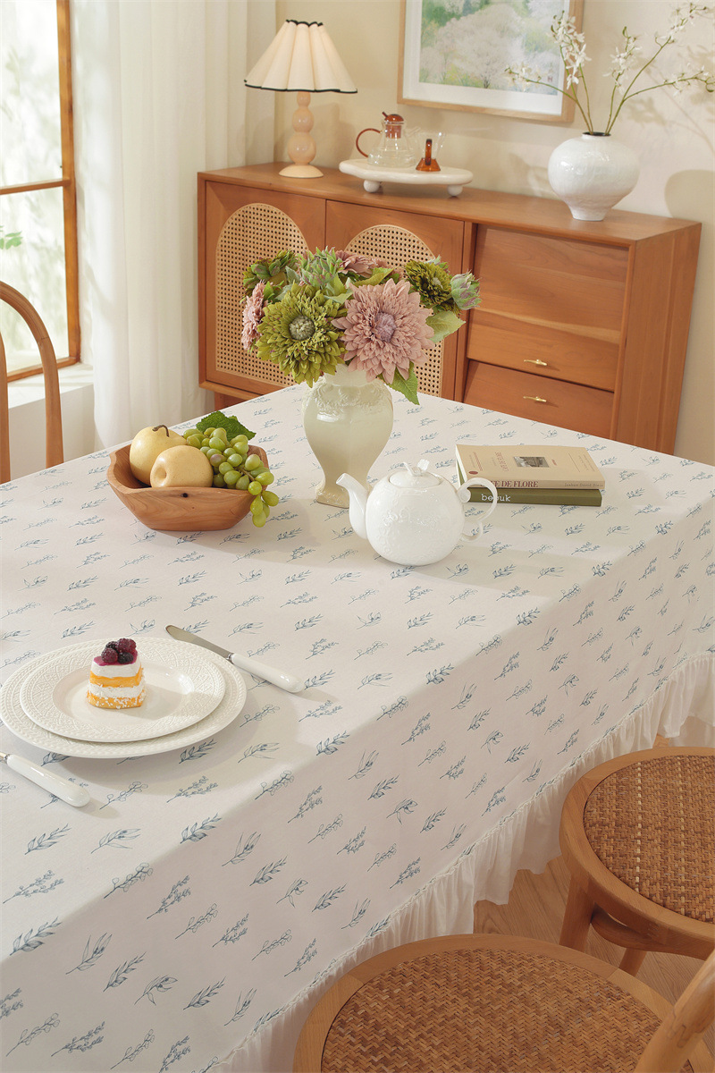 Cotton Printed Green Floral Tassel Tablecloth For Dining Table_voghion.com