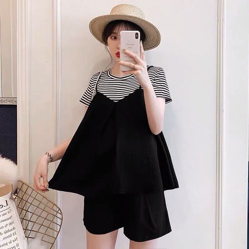 Pregnant Women's Summer Set Fashion Style Pseudo-Two-Piece Striped Patchwork Top + Shorts Outfit Two-Piece Set