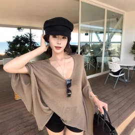 慵懒风复古v领长袖针织T恤女夏季蝙蝠袖宽松防晒罩衫气质薄款上衣