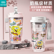 跨境海绵宝宝水杯线条派大星高颜值透明冷水杯咖啡杯好运学生便携
