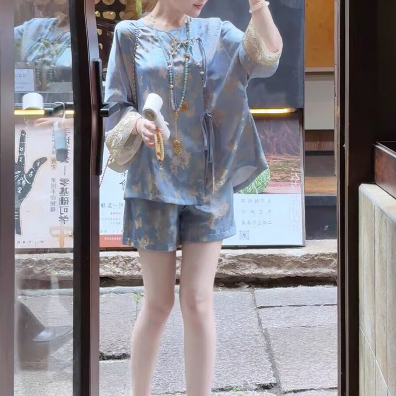 Ice Blue Golden Butterfly Silk Elegant Casual Short Shirt and Skirt Set 2026 Summer New Chinese Style Two-Piece Trendy Outfit