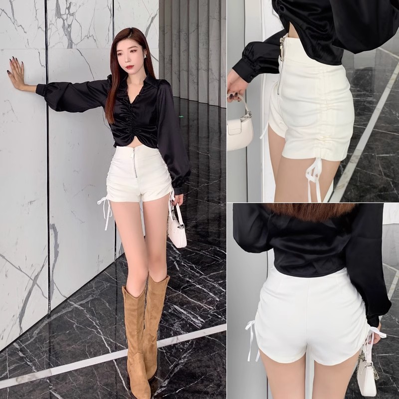 High waist drawstring black tight design shorts women's autumn and winter hot girl popular slim fit stretch ultra short hot pants