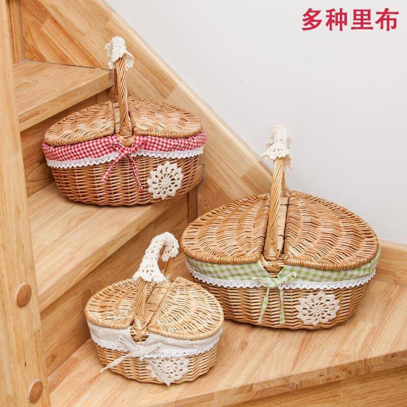 Cestas de bambú de vid de trenzado cestas de picnic cestas de almacenamiento cestas de frutas de trenzado cestas pastorales con cubierta de mesa