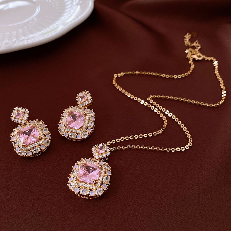 Zircon square pendant necklace and earrings set