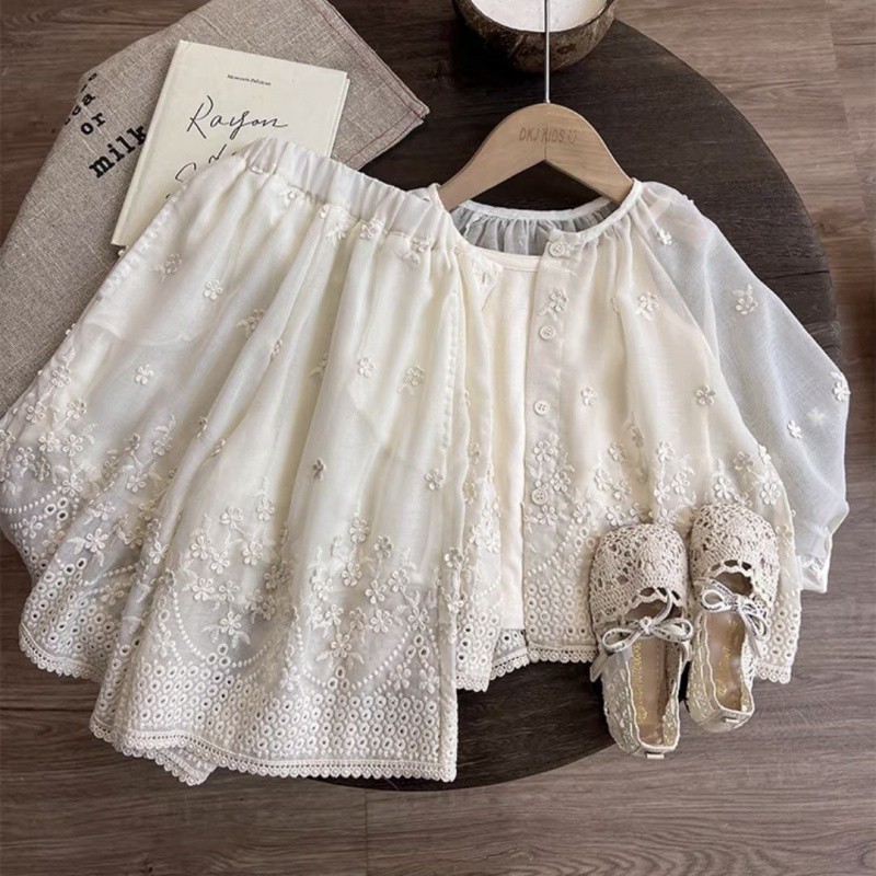 (2개) 모리 소녀 여름 2024 새로운 서양식  소녀 태양 보호 의류 세트 여름 얇은 어린이 소녀