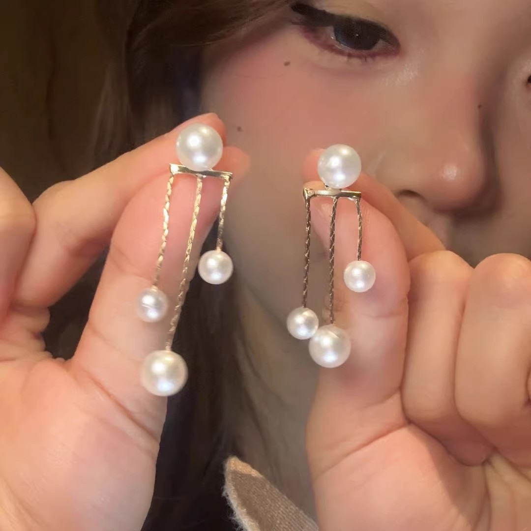 Different length pearl tassel earrings-a2239 gold