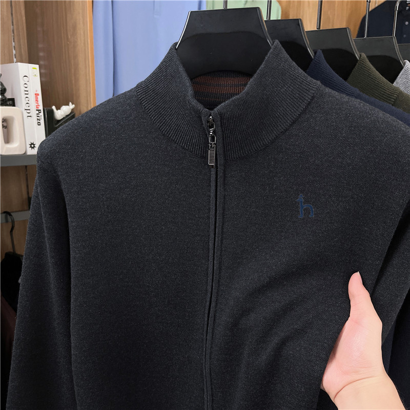 Áo len cardigan nam Haggis 100% len dày dặn có khóa kéo dệt kim cổ đứng — màu đen