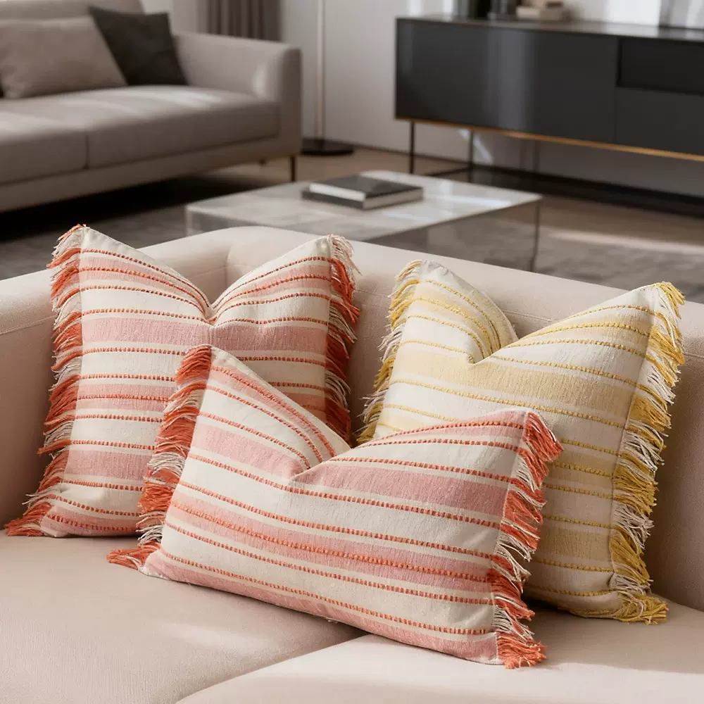 棉麻抱枕套侘寂风流苏抽条色织立体提花沙发靠垫套美式跨境亚马逊