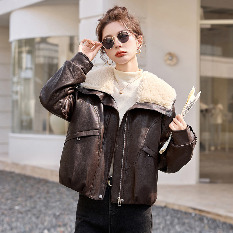 High-End Winter 100% Genuine Leather and Fur Integrated Warm Jacket Korean Style Oversized Fur Collar Sheepskin Versatile Jacket Trendy