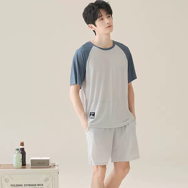 Ice Silk Thread Round Neck Short Sleeve Shorts Pajamas Men's Summer Cool Pullover plus size Loose Simple Fashion suit
