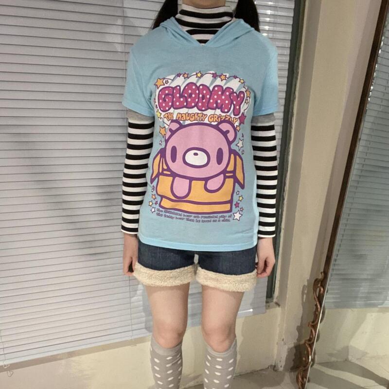 Japanese-Style Niche Vintage Y2K Spring and Autumn Style Violent Bear Letter Print Light Blue Short-Sleeve Hooded Top T-Shirt Japanese-Style Niche Vintage Y2K Spring and Autumn Style Violent Bear Letter Print Light Blue Short-Sleeve Hooded Top T-Shirt