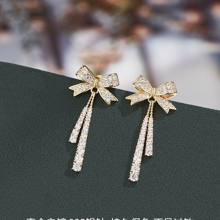 Bow dangle earrings, silver needle posts, light luxury crystal pendant, elegant bow design