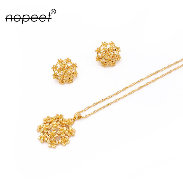 NOPEET Dubai 24k Gold Plated Jewelry Set Indian Bride Nigerian Jewelry Necklace Earrings Two Pack