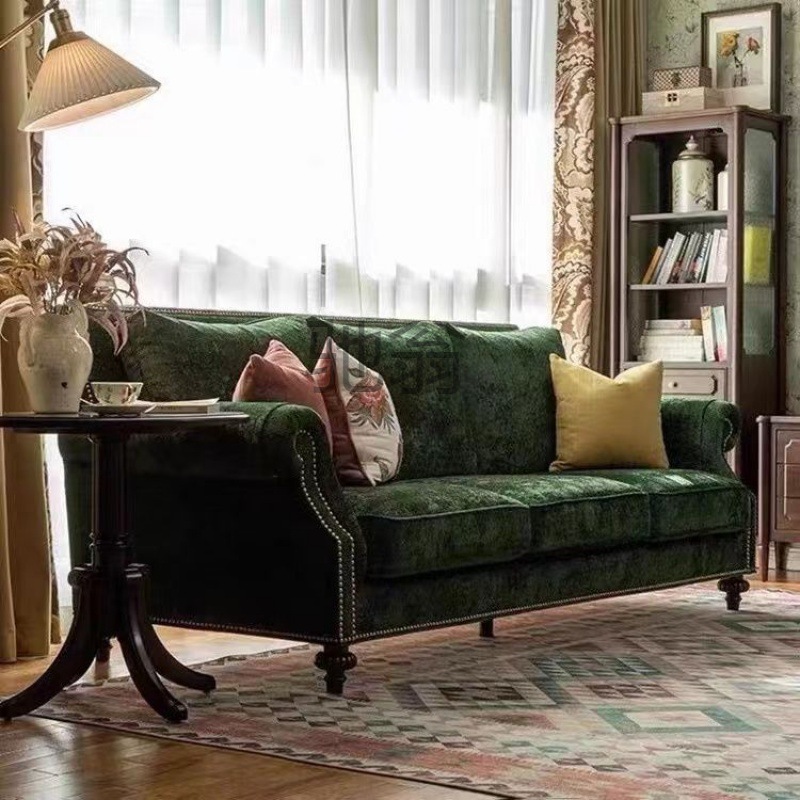 pq新款美式乡村沙发客厅小户型轻奢法式复古沙发高级丝绒布艺三人