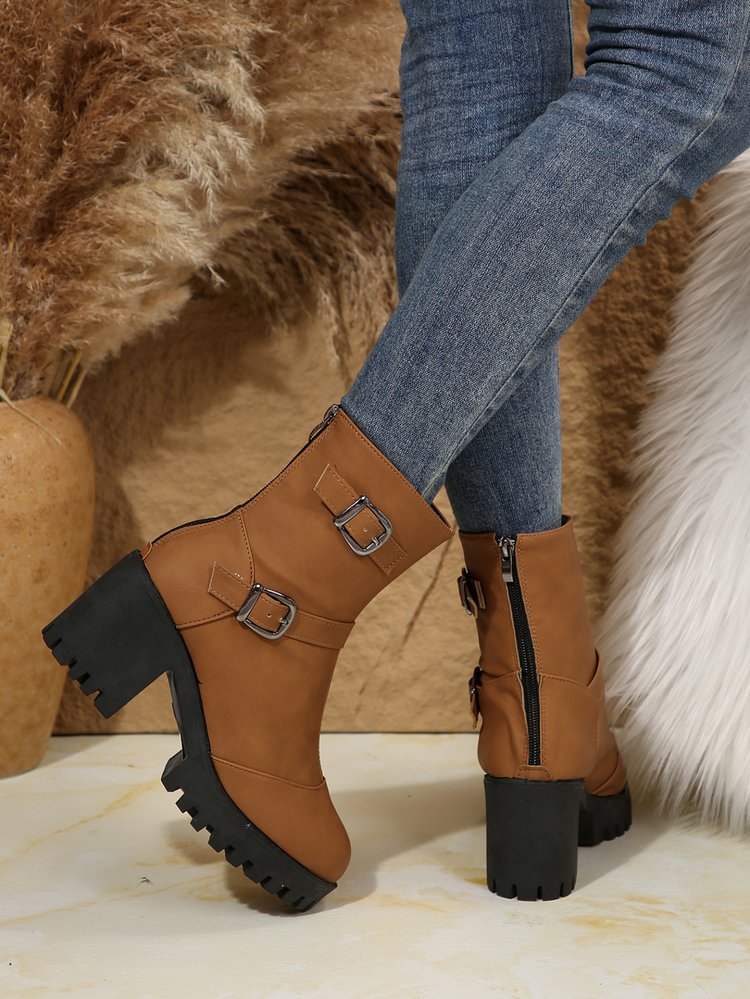 Big size thick heel boots women's autumn and winter fashion belt buckle explosive short boots cotton boots fashion boots_voghion.com