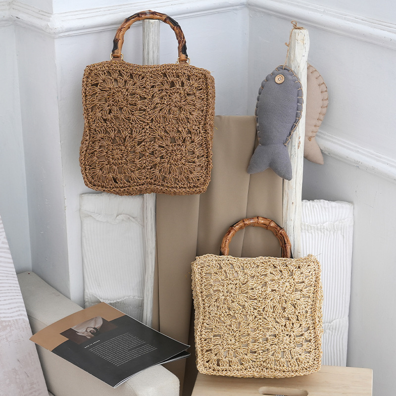 Hochwertige, neue Strohtasche mit Bambusgriff und Papierblumen, modische, frische und lässige Damentasche aus Webstoff, grenzüberschreitend_voghion.com