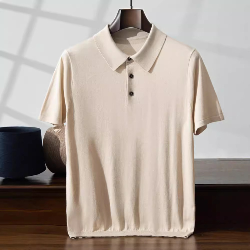 Summer New 85% Mulberry Silk 15% Cashmere Fine Imitation Knitted POLO Collar Thin Short Sleeve Men's T-Shirt Base Shirt