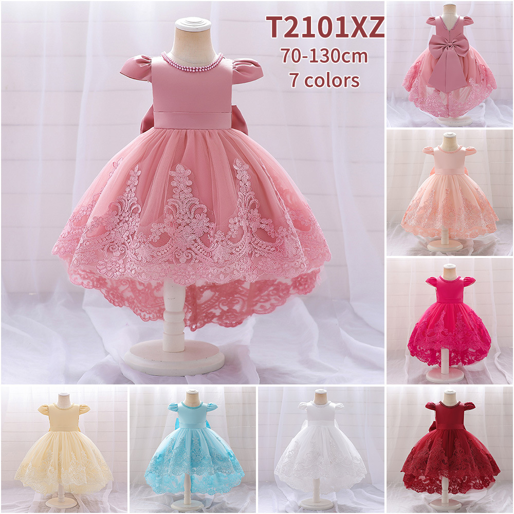 Amazon girls' dress embroidered mesh tulle skirt with bow birthday princess dress for baby's first birthday