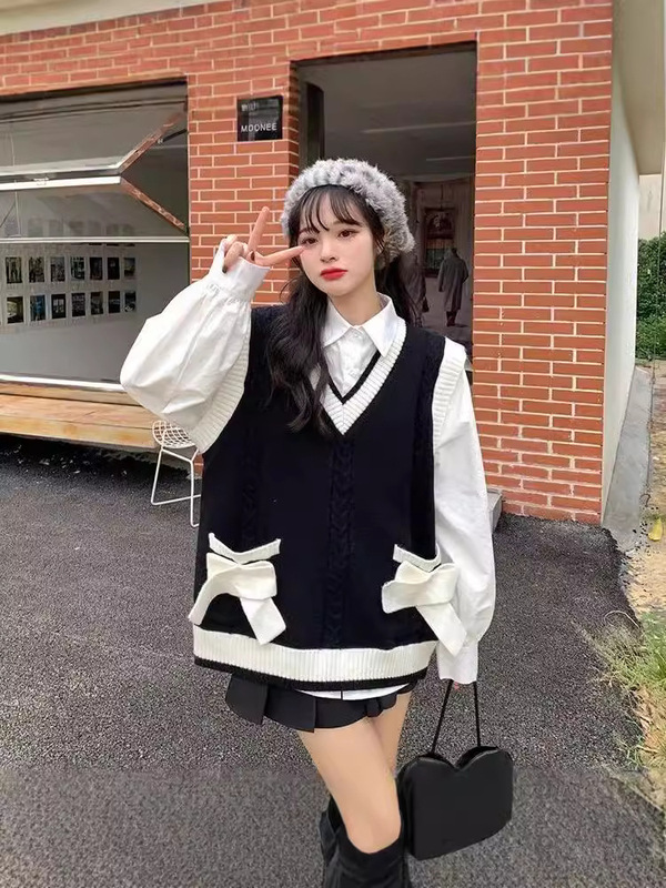 学院風蝶結びvネック麻花ニットベスト女性セーター馬甲日本式長袖シャツセット|undefined