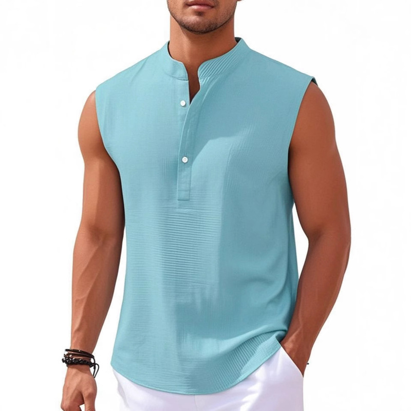 2025 New Summer Men's Fashion Stand Collar Dopamine Outer Wear Lightweight Vest Sleeveless Shirt European and American