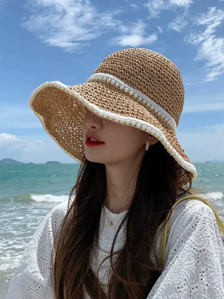 Woven summer thin beach hat solar-powered, sun protection, beach style