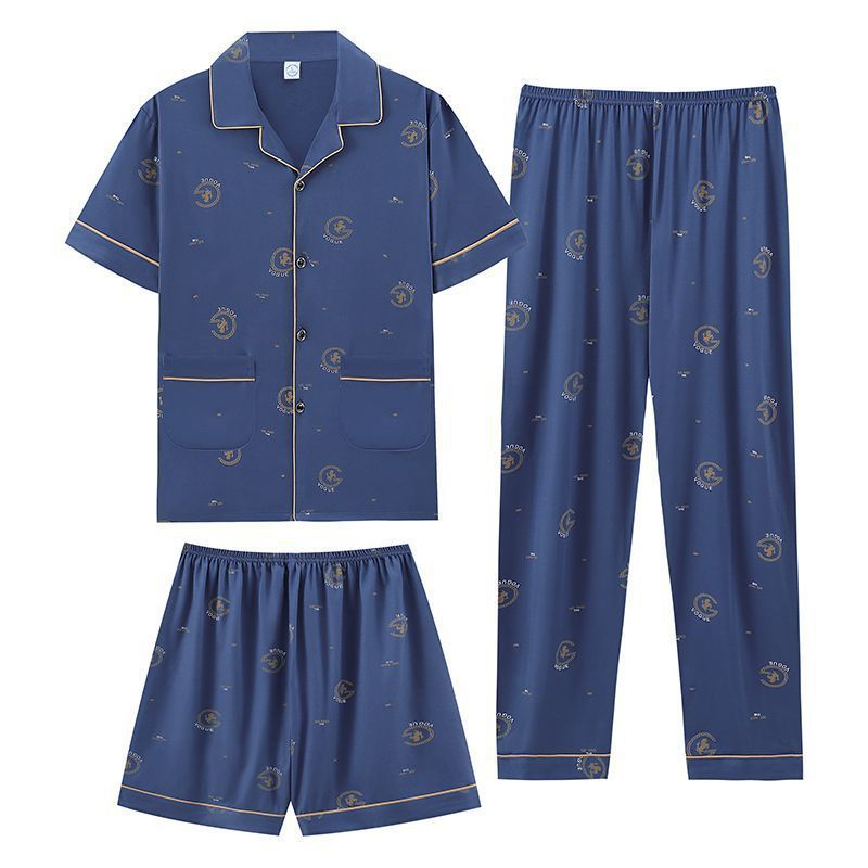 Pajamas de algodón de hombre verano pantalones de manga corta de tres piezas set 2024 nuevo conjunto de ropa casera pantalones cortos delgados tamaño más grande