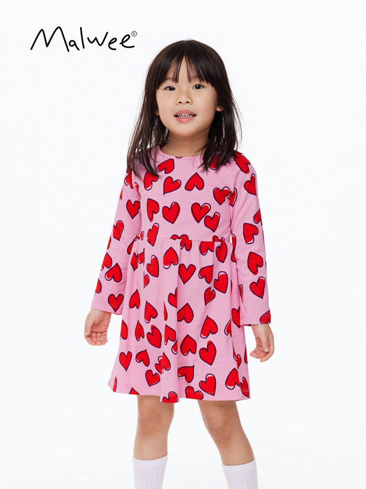 Malwee vestidos de niñas otoño y invierno nuevo estilo impresión de estilo occidental ropa infantil europea y americana de cuello redondo mangas largas falda para niños pequeños y medianos
