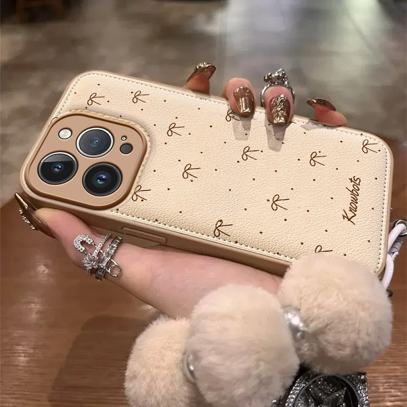 Ins Polka Dot Bow Suitable for Apple 17Promax Candy Air Cushion Mobile Phone Case Ip16 Drum Bag 15Pro Hair Ball