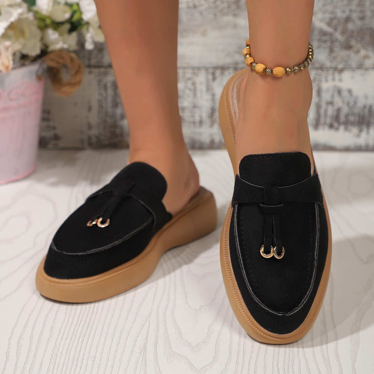 Pantuflas de mujer de talla grande y media longitud, modernas, versátiles, planas, cómodas y con suela gruesa._voghion.com