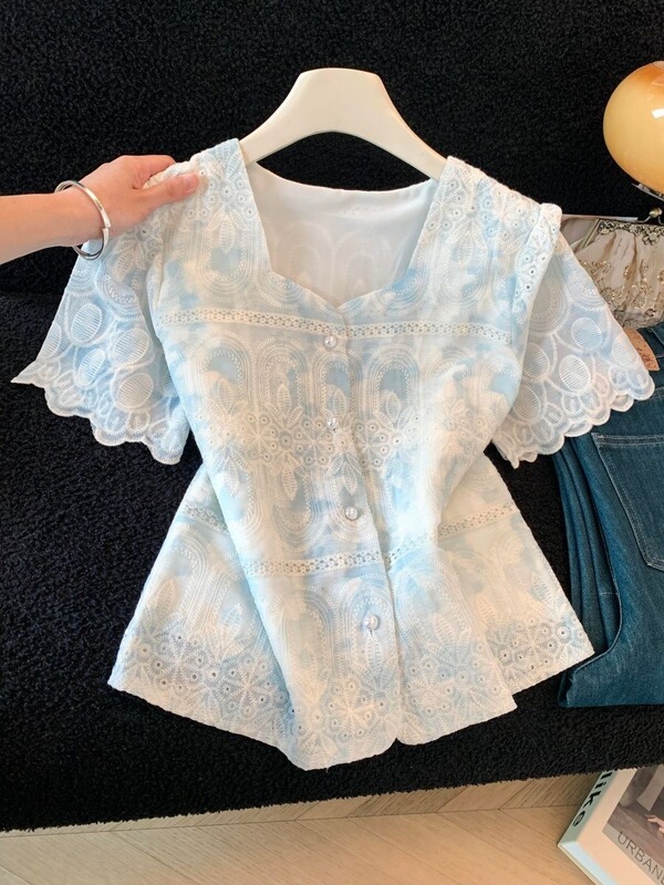 Heavy Embroidery Lace-Trimmed Short-Sleeve Chiffon Shirt for Women, 2026 Summer New Style, Elegant and Age-Reducing Versatile Short Top