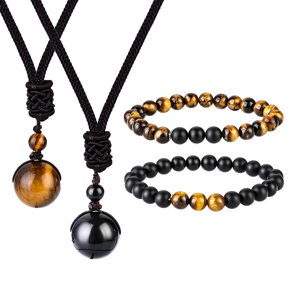 4 упаковки 2 14 мм желтый тигровый глаз ожерелье + 2 8 мм желтый тигровый глаз черный агат матовый браслет из бисера костюм
