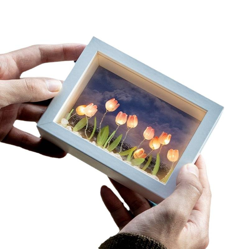 Tulipanos marcos de luz nocturna DIY decoración creativa personalizada para la novia Qixiao regalo marco tridimensional hecho a mano
