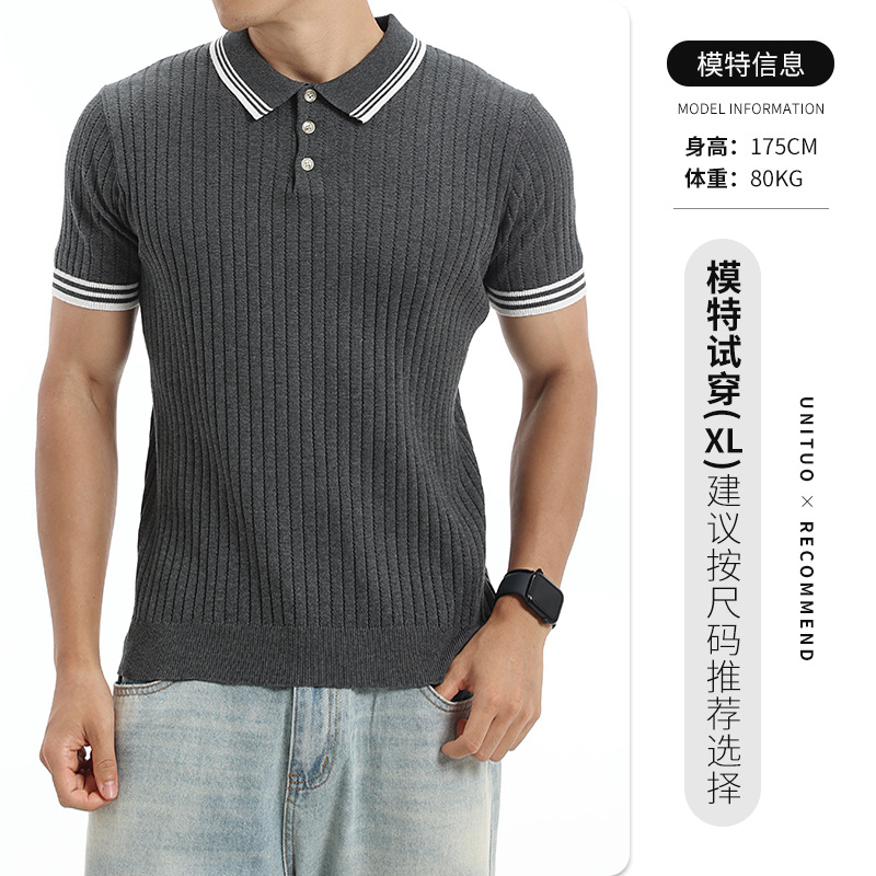Verano Europa y América transfronterizos hombre collar de contraste vertical rayas de hielo polo camisa transpirable de mangas cortas de negocios ropa casual para hombres