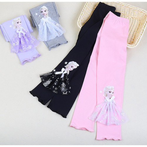 Princess Elsa girls' leggings 2024 Korean version children's pure cotton baby trousers summer thin outer wear trousers trendy