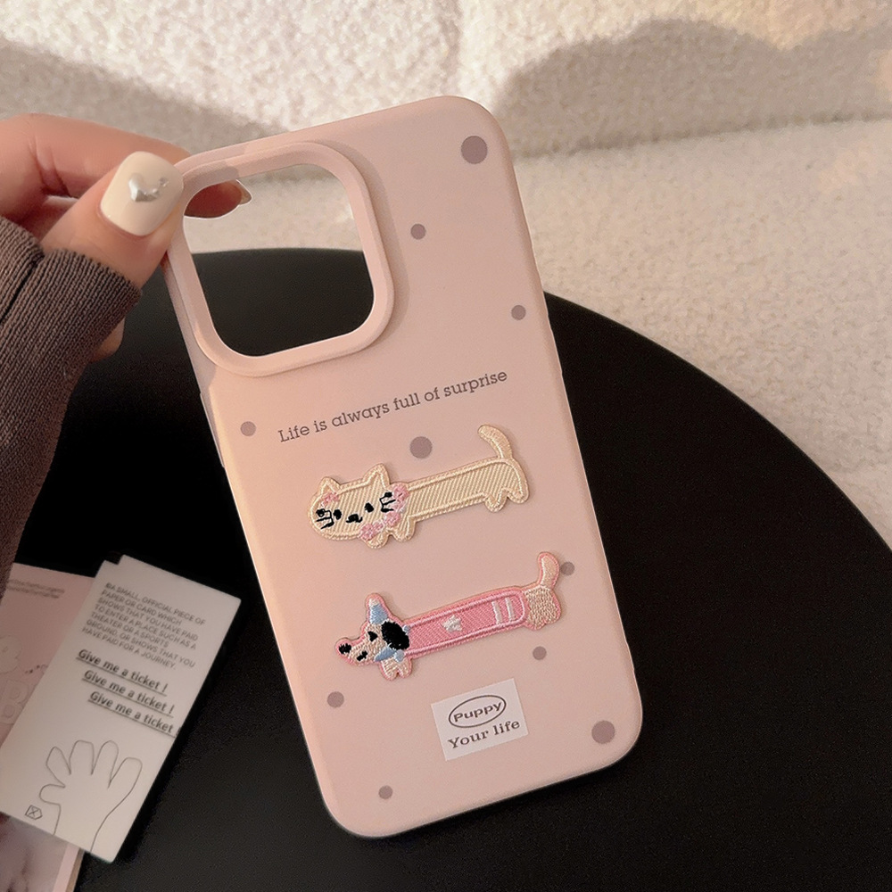 Bordado de lunares de color sólido estilo ins gato y cachorro para iPhone 16ProMax funda para teléfono móvil 14 Apple 15P hembra
