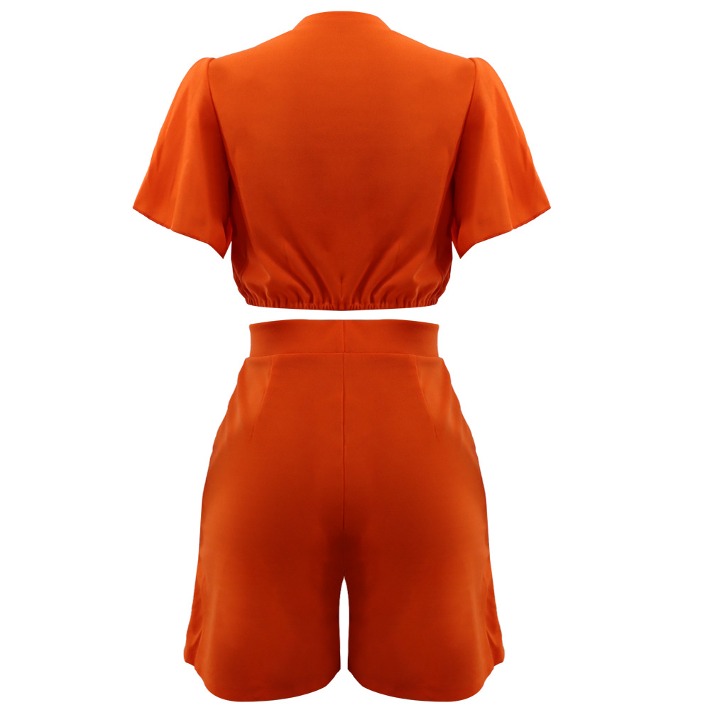 Ruffled Short V neck Top Casual Shorts Summer Two Piece Set