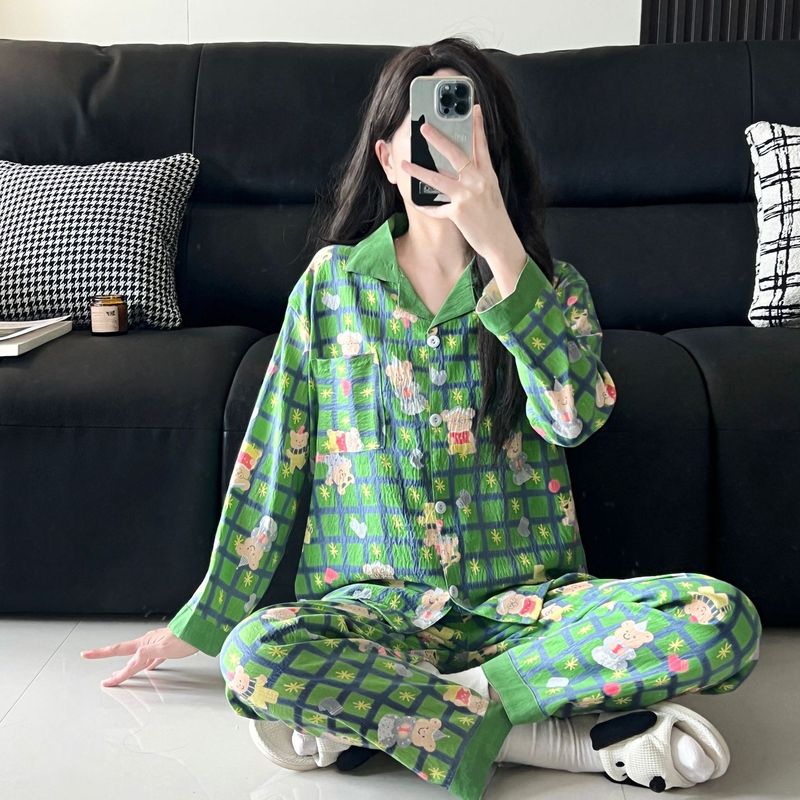 海外クロスボーダー専用パジャマ女性春と秋の雲綿の襟折りカーディガン長袖のゆったりとした甘い家庭服セット|undefined