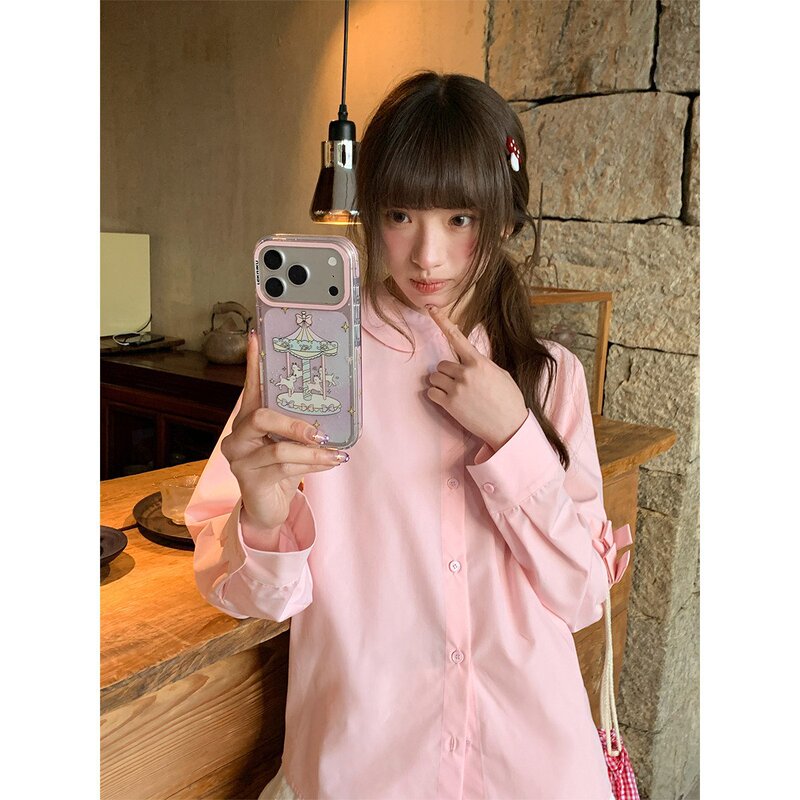 Doll collar bow-decorated long-sleeve shirt for women, stylish spring top, simple casual blouse